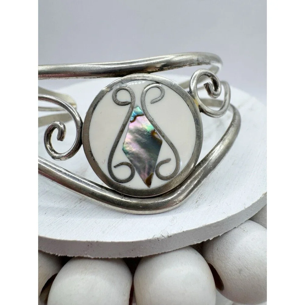 Vintage Alpaca Mexico Abalone Inlay Shell Cuff Bracelet Bohemian Chunky